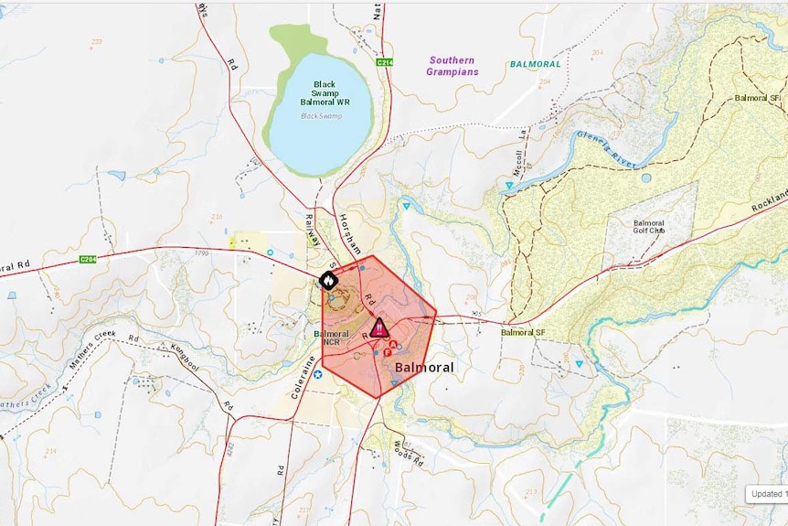 A map of the area included in a bushfire emergency warning in Victoria.
