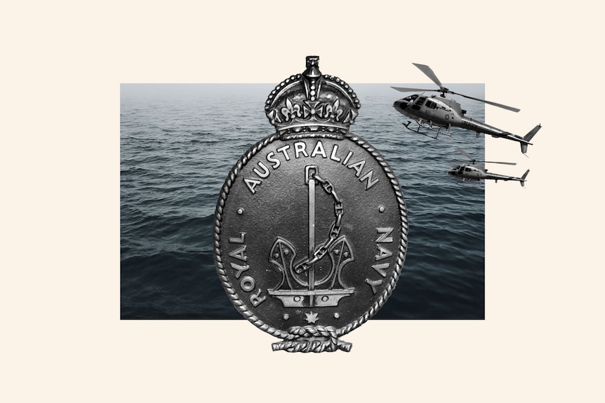 A Navy coin superimposed over a picture of the sea with helicopters nearby. 
