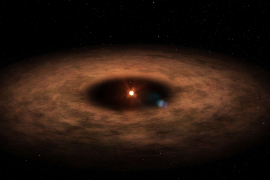A cool M dwarf star surrounded by a vast disk of debris near a young planet discovered by NASA in June 2020.