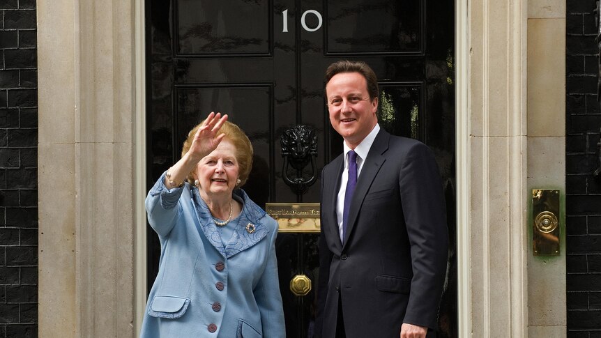 Baroness Margaret Thatcher and British Prime Minister, David Cameron, outside 10 Downing Street.