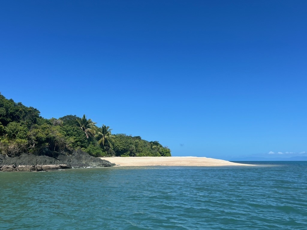 Photo of a tropical island beach on a cloudless day.