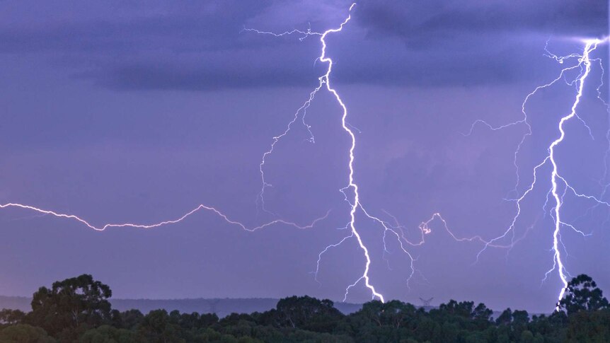 Two huge bolts of lightning fill a dark blue sky above trees.