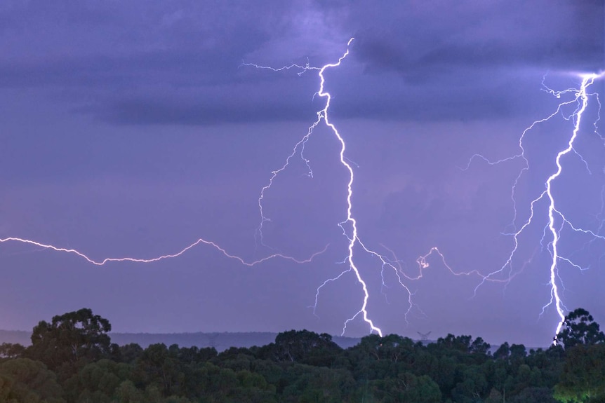 Two huge bolts of lightning fill a dark blue sky above trees.
