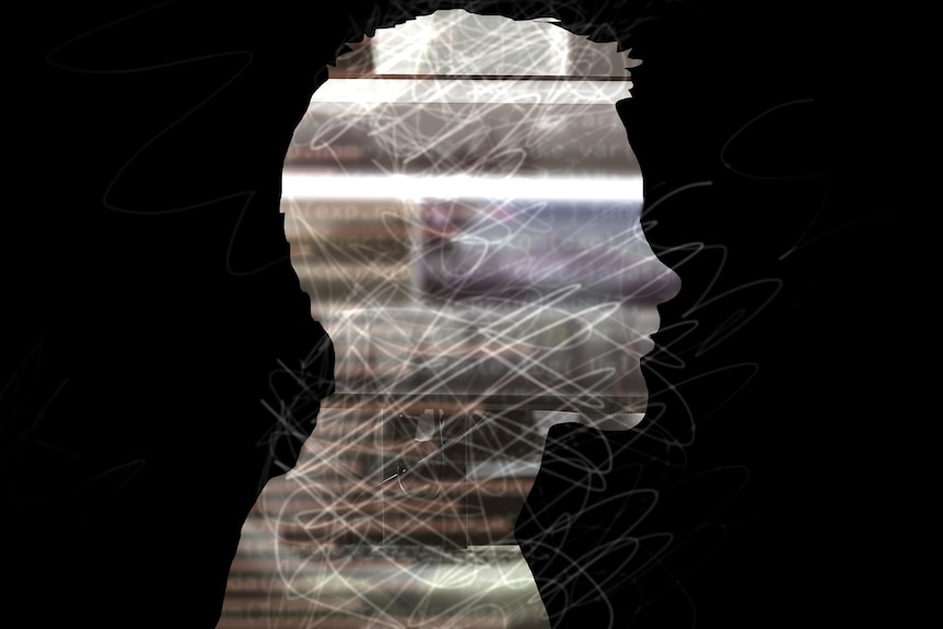 An illustration of a man in profile with coding and artwork.