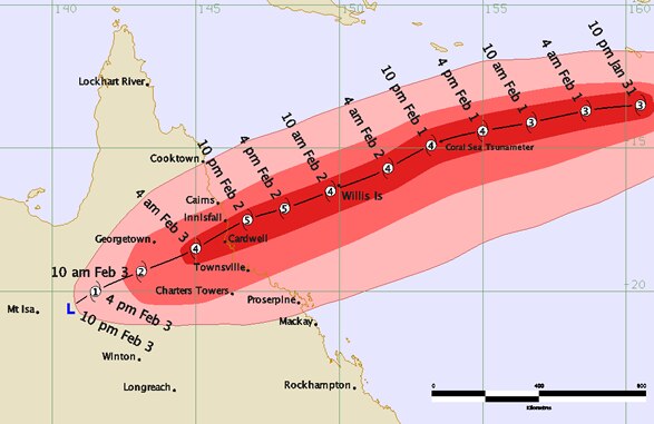 A map of Cyclone Yasi's track and intensity. 