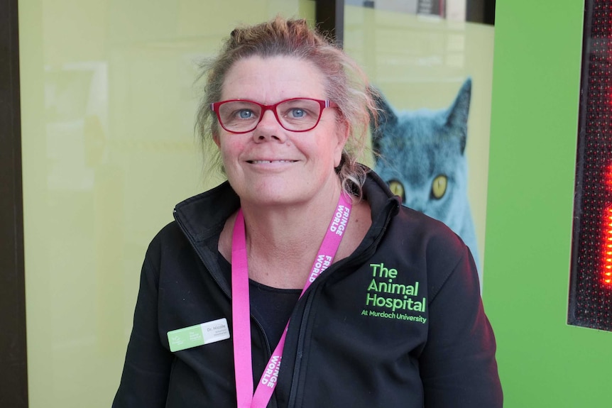 Headshot of a woman in glasses with a cat poster behind her.