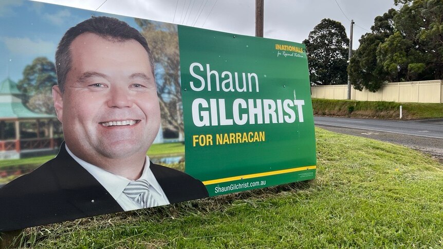 An election sign for Shaun Gilchrist, National Party candidate for Narracan in the 2022 Victorian state election.