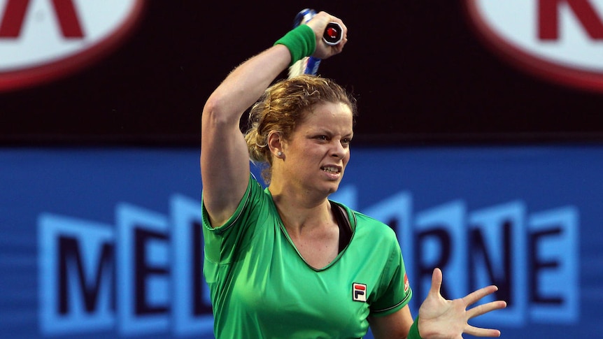 All square ... Kim Clijsters hits a forehand against Li Na in the second set