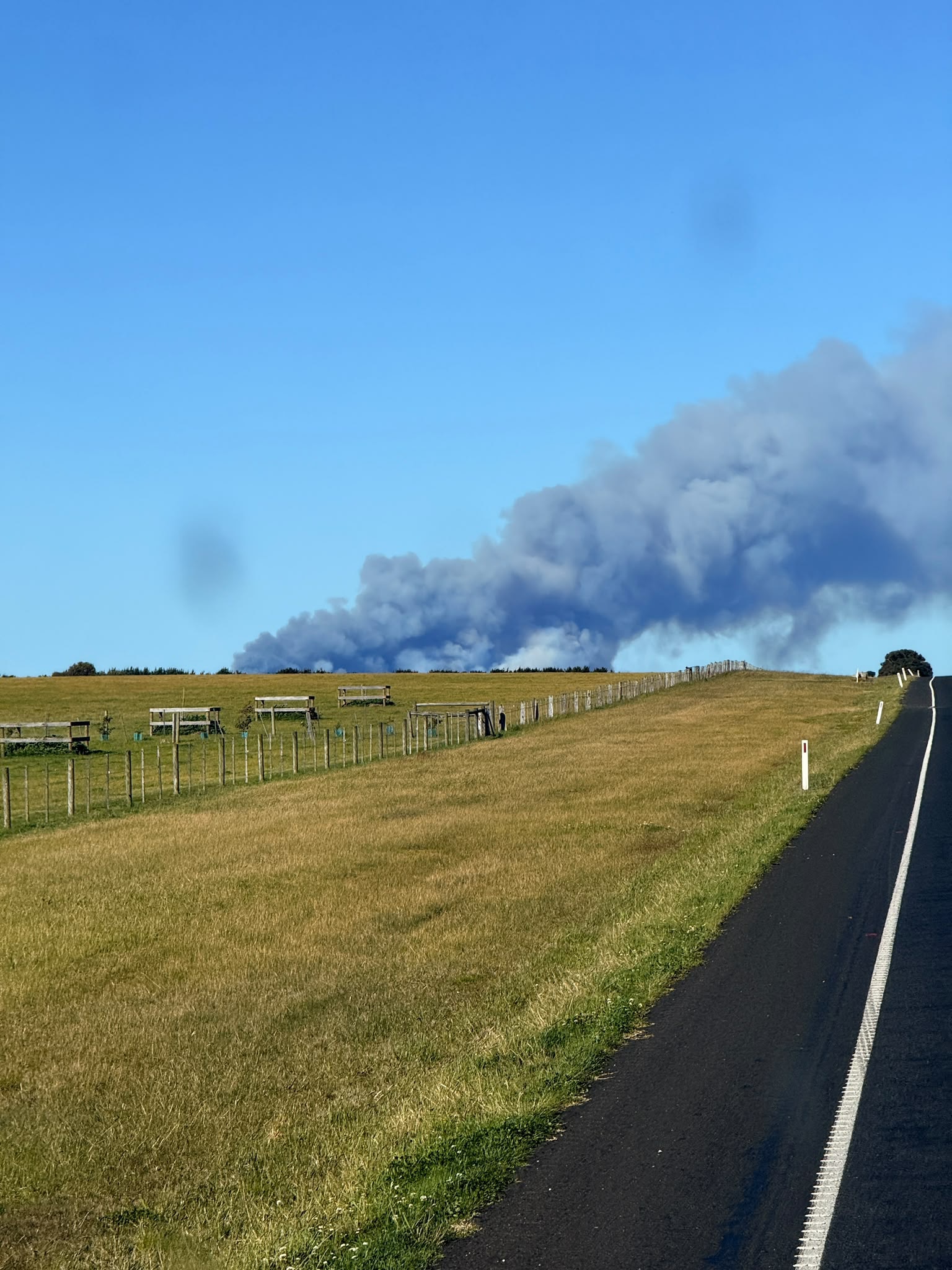 A column of smoke rises from the horizon of a green paddock.