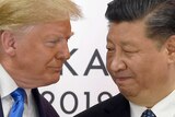 A close up shot of Donald Trump looking at Xi Jinping at the G20 summit in Japan, on June 29, 2019.