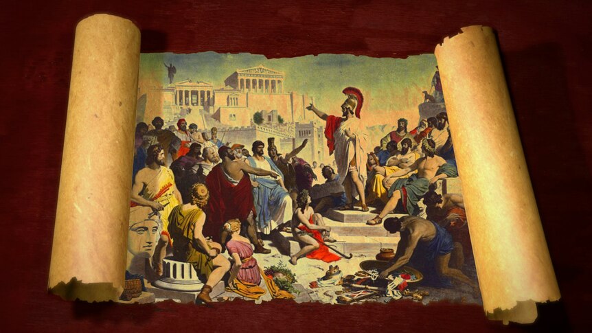 An old scroll reveals a painting showing an Athenian politician giving a speech in front of the Assembly.