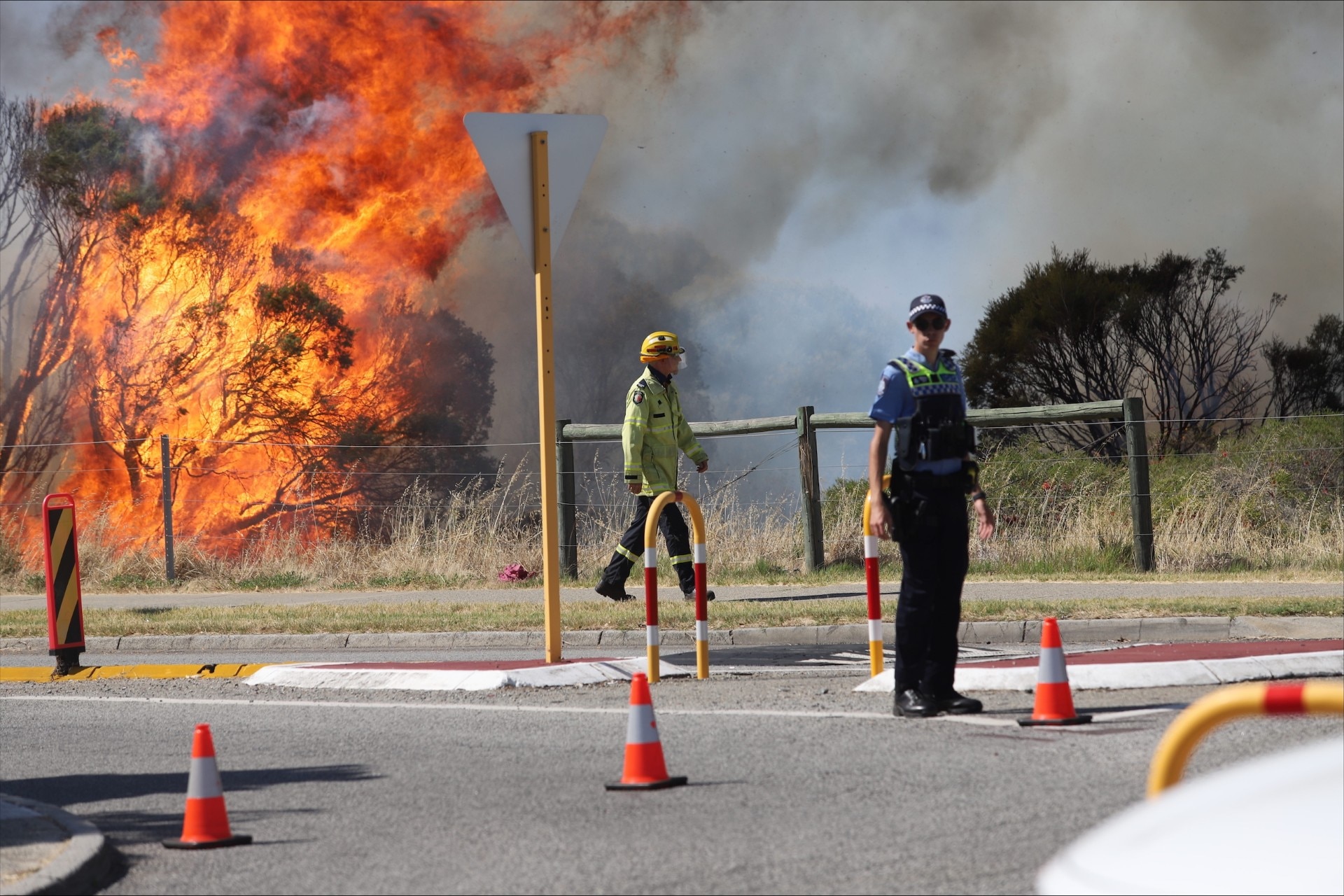 Tall flames from a fire burn in bushland behind a road with a firefighter and police officer standing on the road.