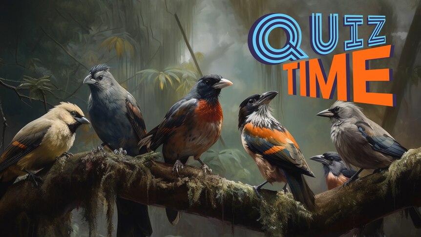 An AI illustration of five different kinds of birds on a branch in a tropical forest.