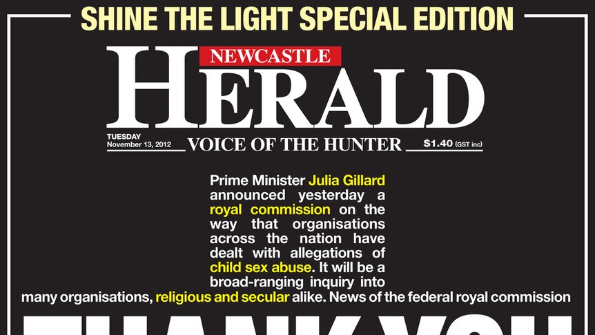The Newcastle Herald's November 13, 2012, front page after the royal commission was announced, with a headline "THANK YOU".