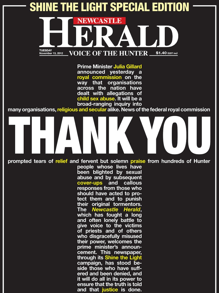 The Newcastle Herald's November 13, 2012, front page after the royal commission was announced, with a headline "THANK YOU".