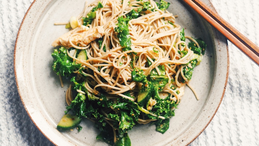 A plate of soba noodle salad with kale, shredded poached chicken and a sesame dressing, a light meal for warm weather.