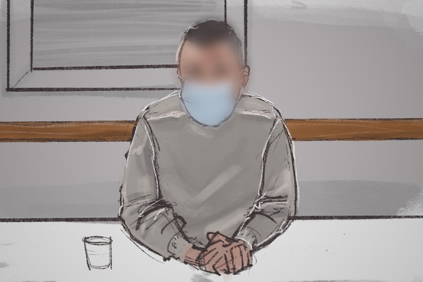 A court sketch of a man in a long-sleeved shirt sitting at a table with his hands folded. His face is blurred