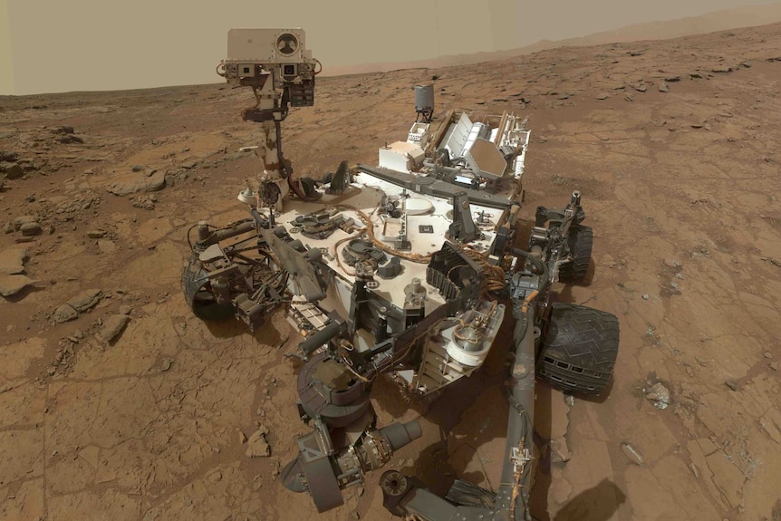 A photographic self-portrait of the Curiosity rover on Mars.