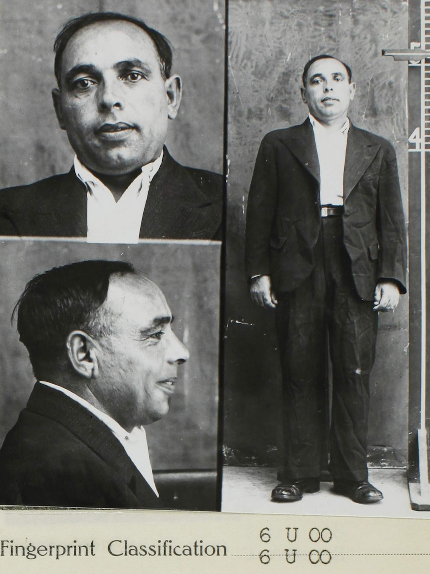 Black and white mug shot of man in suit, no tie, including close-up, full-length and profile. Ruler shows height 5 foot 3 inches
