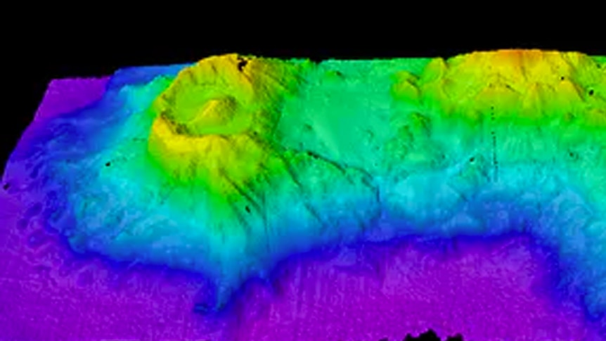 A colourful image of the 'Eye of Sauron' volcano and nearby seamounts
