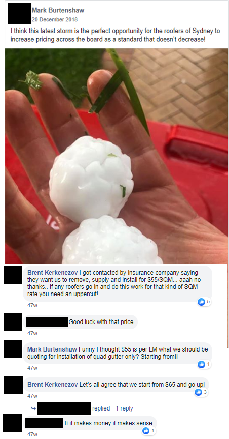A photo of a large hailstone posted in a Facebook group by Mark Burtenshaw, suggesting other roof repairers lift their prices.