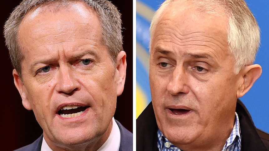 A composite image showing close up photos of Bill Shorten and Malcolm Turnbull.