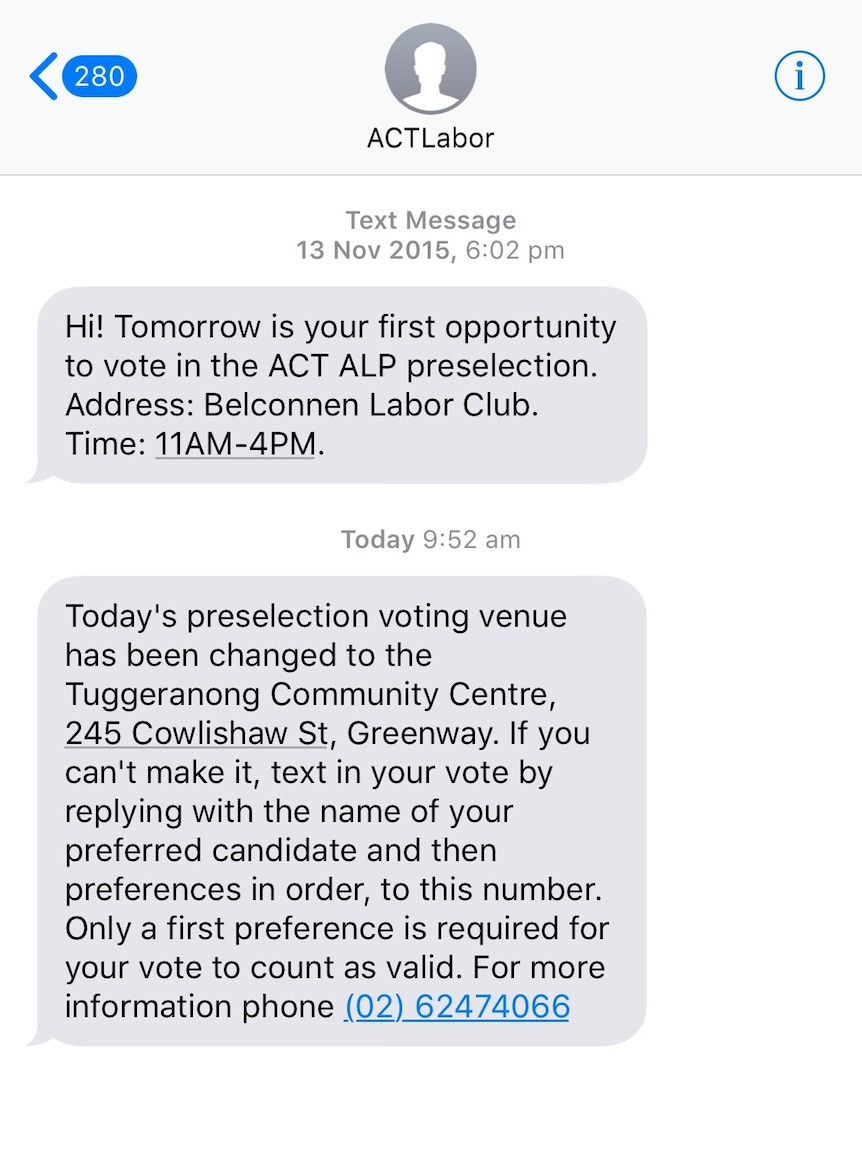 A text from an ACT Labor number claiming the voting venue has been changed and members can vote by text.