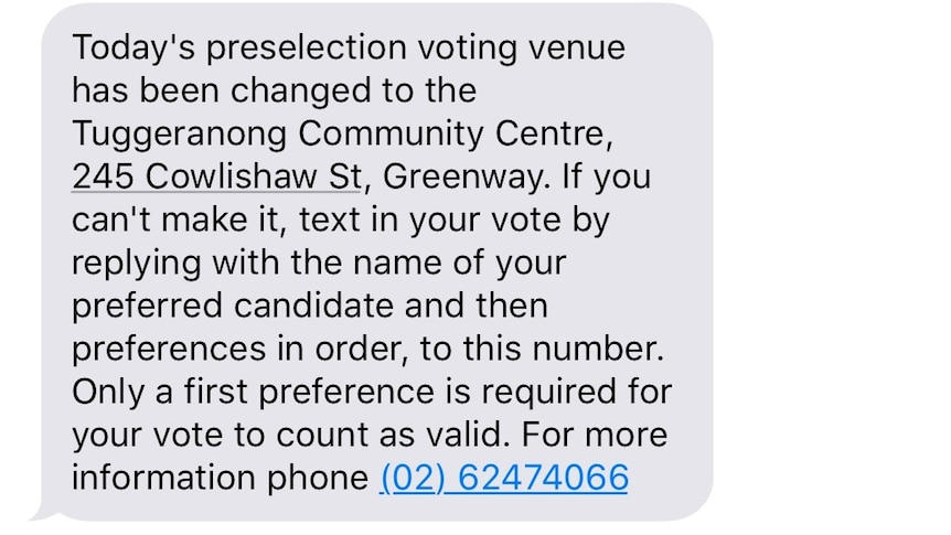 A text from an ACT Labor number claiming the voting venue has been changed and members can vote by text.