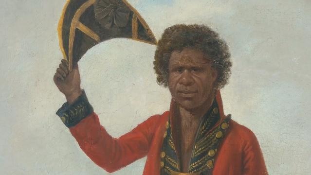 Painting of a Indigenous man waving a hat, titled 'Bungaree, a native of New South Wales' c. 1826, by Augustus Earle