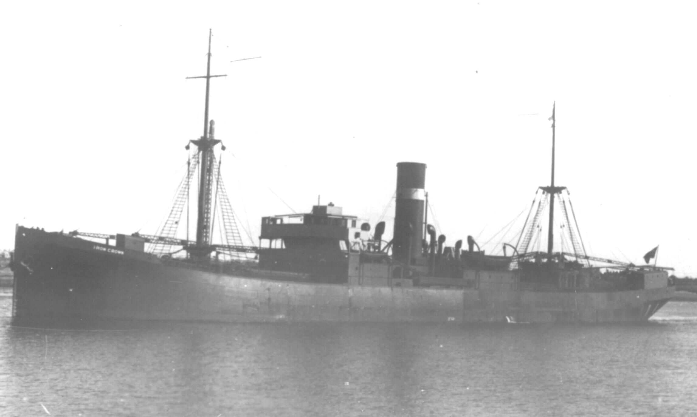 A black and white photo of World War Two ore freighter SS Iron Crown