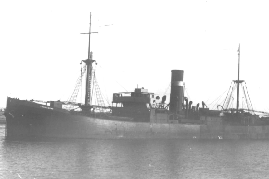 A black and white photo of World War Two ore freighter SS Iron Crown
