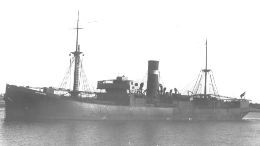 A black and white photo of World War Two ore freighter SS Iron Crown