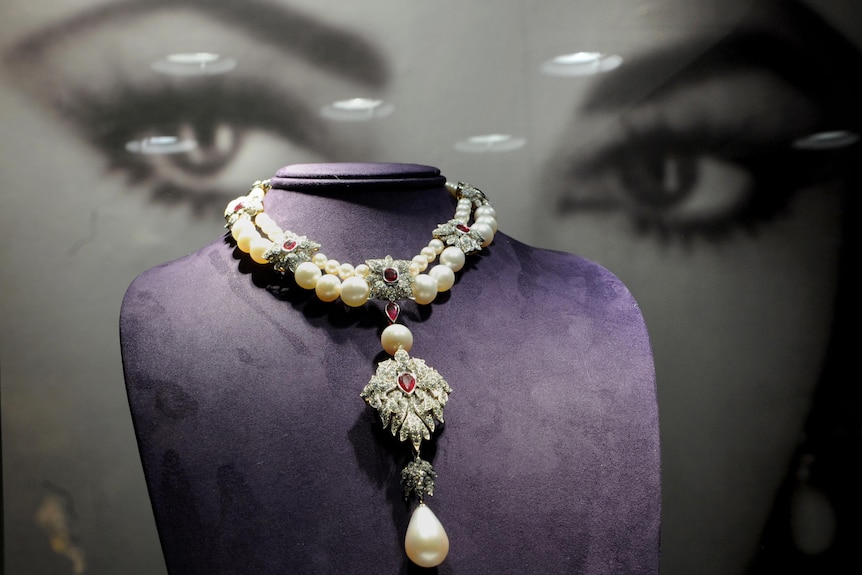 La Peregrina, a Cartier pearl, diamond and ruby necklace owned by US actress Elizabeth Taylor.