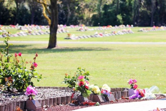 Flowers and plaques line the ground at a cemetery.