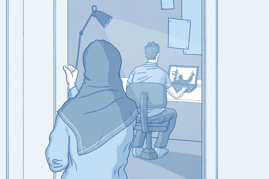 Illustration of a woman in hijab peering into her son's room as he looks at extremist content on his laptop, sitting at a desk.