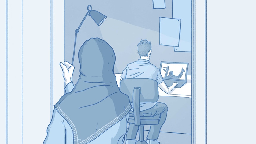 Illustration of a woman in hijab peering into her son's room as he looks at extremist content on his laptop, sitting at a desk.