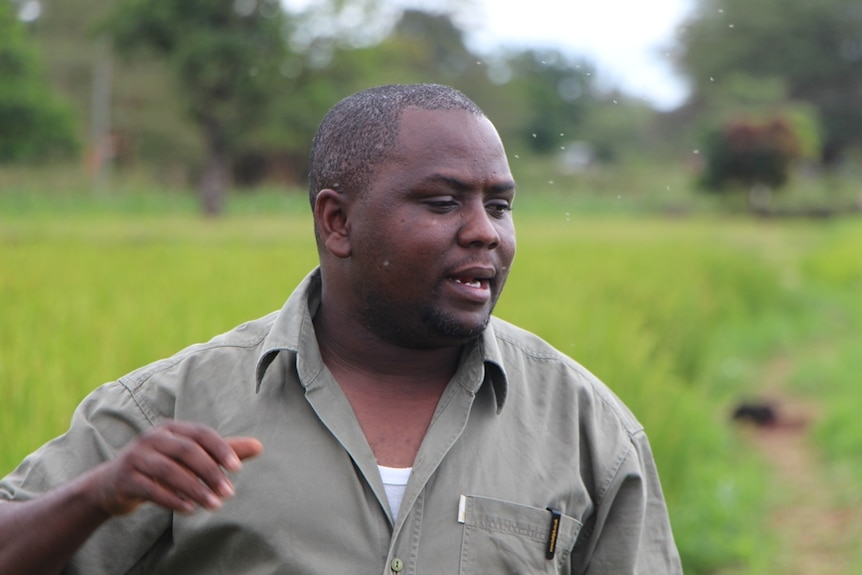 A man talking in a rice field
