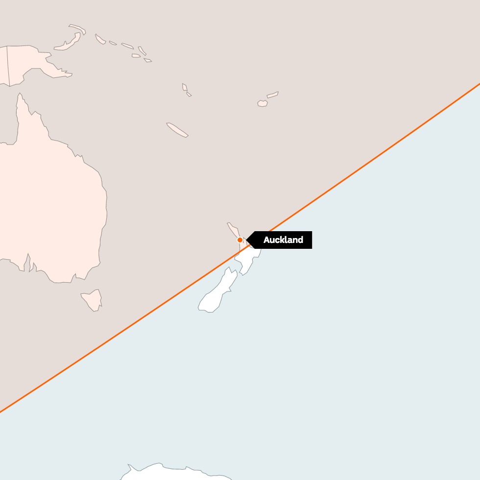 Red shaded area shows the range of North Korea's ICBMs. Auckland is labelled just inside.