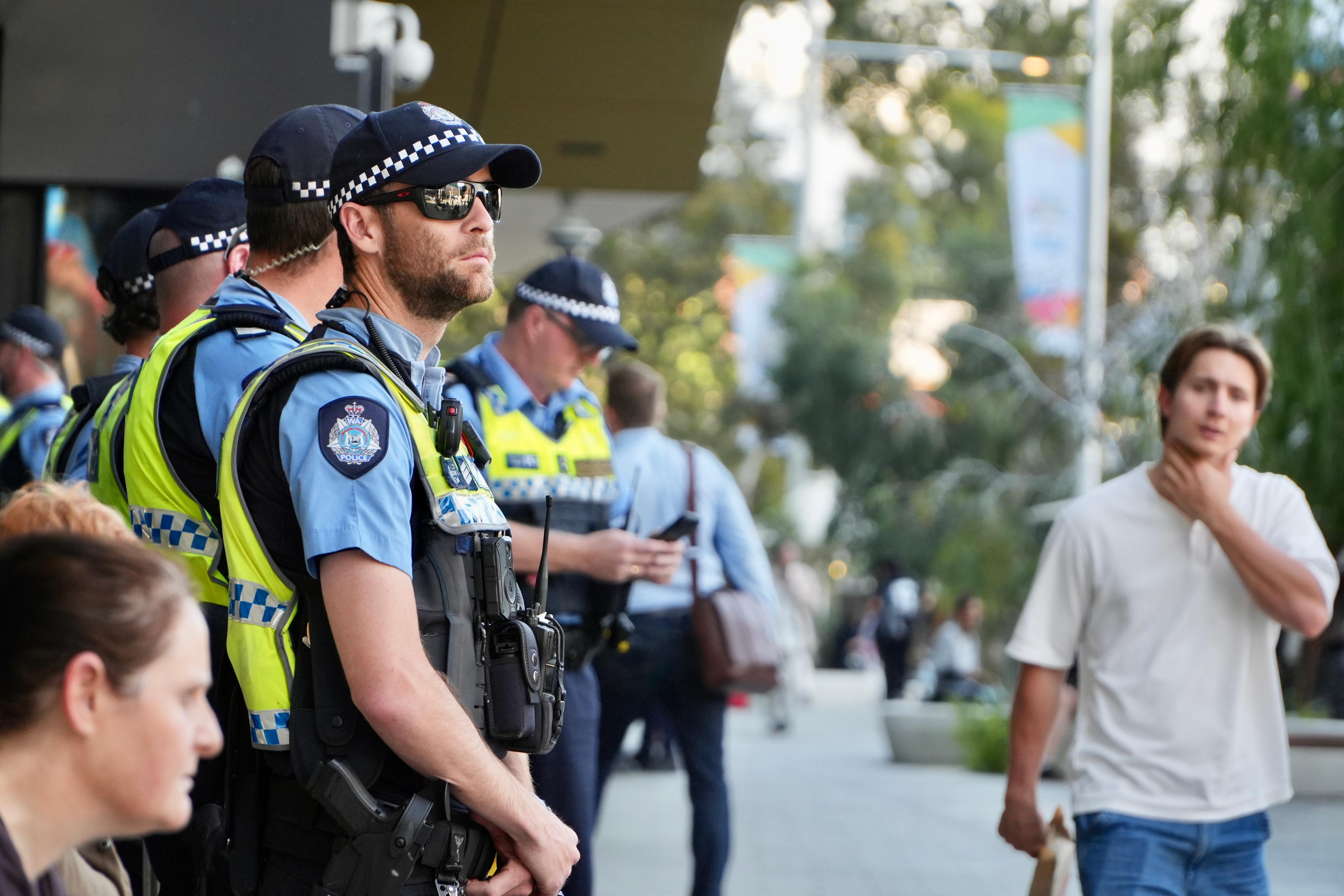 A group of policemen stand in a line as a person walks along a pathway