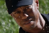 Tiger Woods looks at a golf ball as sand flies up around his face