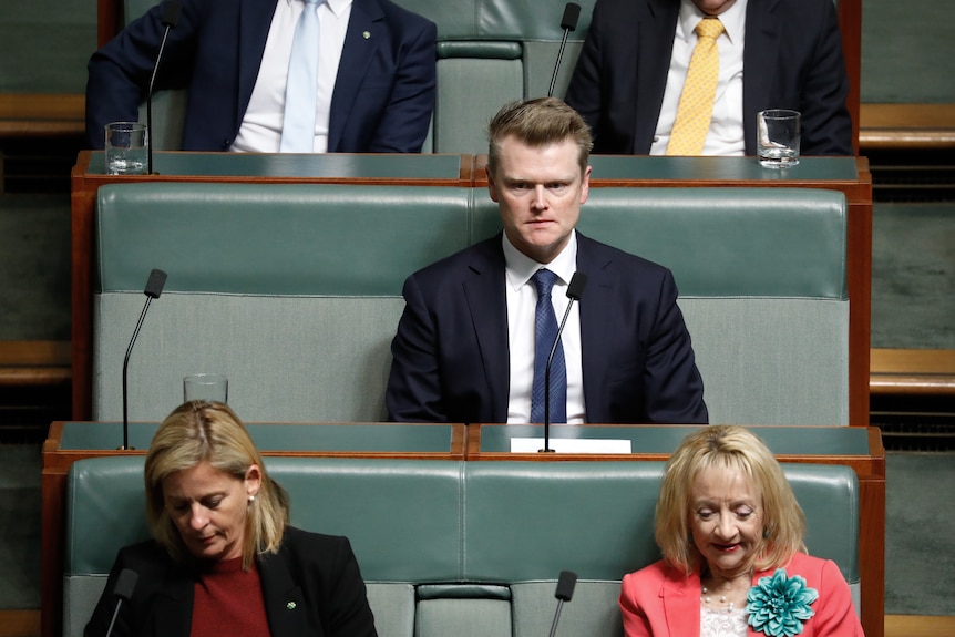 Wolahan sits on a house of representatives bench, looking serious.