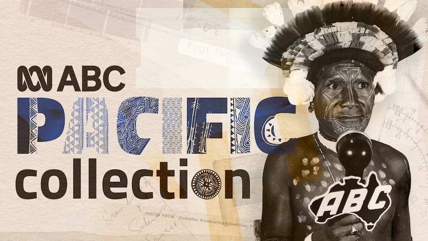 ABC Pacific Collection logo with pacific islander themed tattooed letters. PNG chief holding ABC microphone.