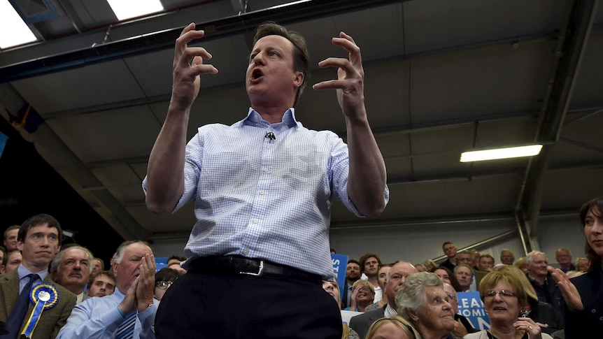 Britain's prime minister David Cameron addresses party activists at a campaign rally in Carlisle in northern England.