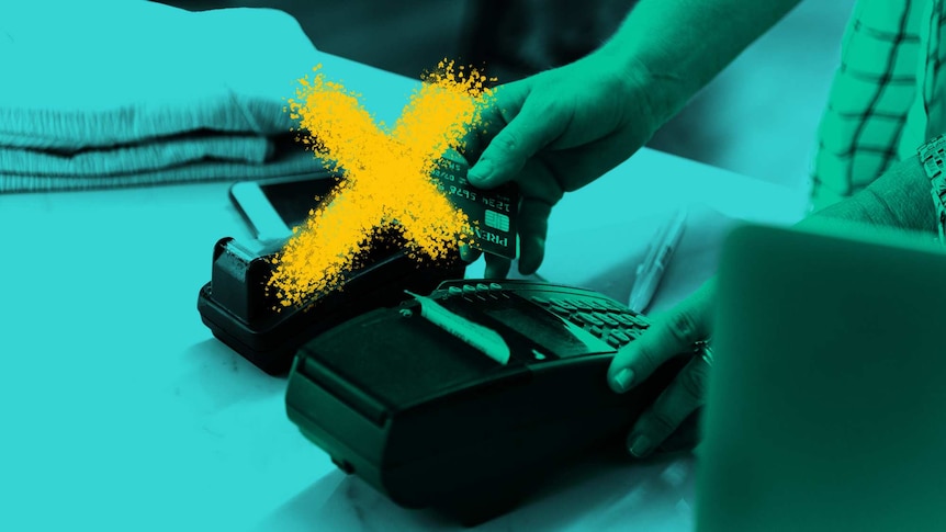 Person swiping a card with a big yellow cross through an EFTPOS machine to convey reducing spending during a financial mess.