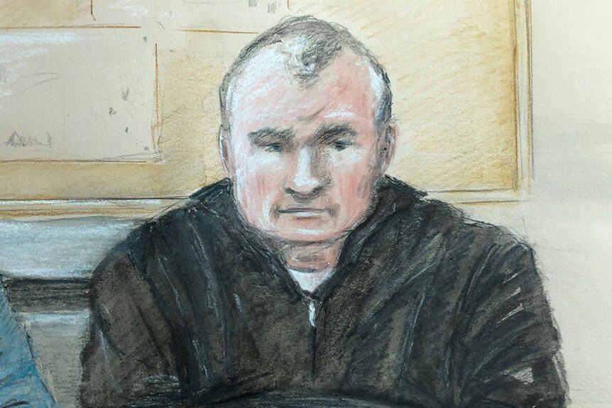 Court sketch of Anthony O’Donohue sitting at table for court hearing.