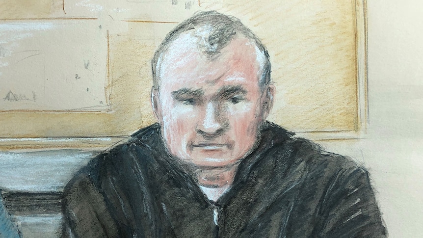 Court sketch of Anthony O’Donohue sitting at table for court hearing.