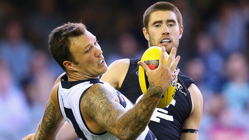 Geelong's Mitch Clark takes a mark in front of Carlton's Kristian Jaksch at Docklands.