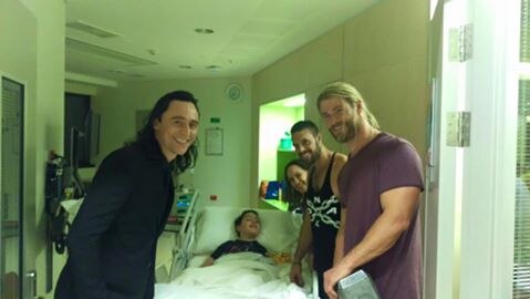 Calyn Hoad, 10, meets Thor stars Chris Hemsworth and Tom Hiddleston