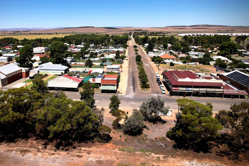 An overhead view of the town of Snowtown.