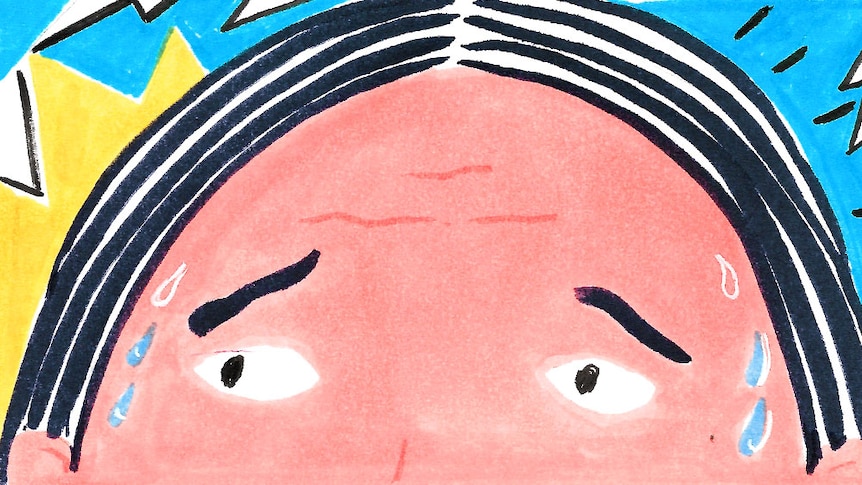 An illustration of a woman's face, close up, with sweat running down her face as she experiences an earthquake in Tokyo, Japan.